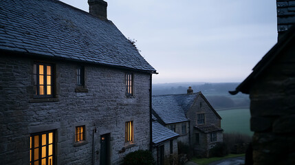 Stone cottages nestled in a tranquil landscape, softly lit windows casting a warm glow against the cool twilight. Timeless architecture meets peaceful countryside views.