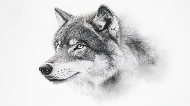 Gray wolf portrait, side view, detailed fur, intense eyes, monochrome drawing