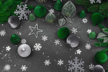 Creative New Year concept. Christmas composition, festive decoration, handmade balls and firs