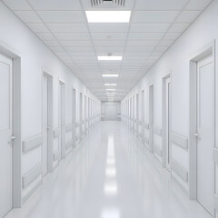 Long white hospital corridor with doors and fluorescent lights