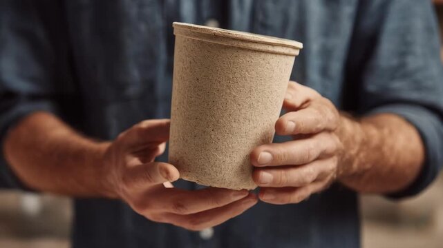 Medium shot of hands holding a compostable biobased flour container made from plant fibers highlighting its ecofriendly and biodegradable properties.
