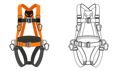 full body harness with carabiner, vector illustration isolated on white background.