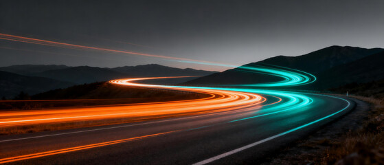 Nighttime road with light trails