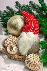 Traditional New Year composition. Festive decor, handmade Christmas gnome, gift idea. Holiday time