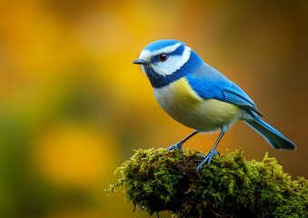 Small vibrant blue and white bird perched on mossy branch with blurred yellow background