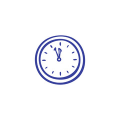A simple blue clock illustration showing nearly 12 o'clock, on white background