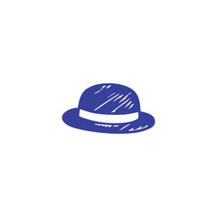 A minimalist blue bowler hat with white band, set against a blank white backdrop