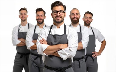 The head chef, leading the professional culinary team, stands with the team, arms folded, against an isolated white backdrop. Generative AI. High quality