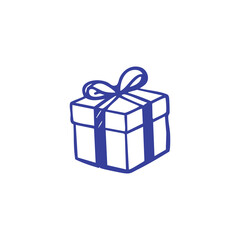 Simple, blue-outlined illustration of a gift box with a bow on top