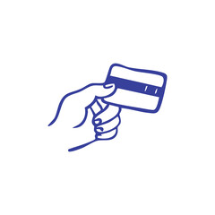 A hand holding a credit card, depicted with blue lines on a white background