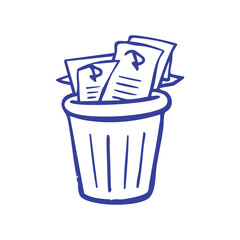 A blue trash can overflowing with papers, simple illustration