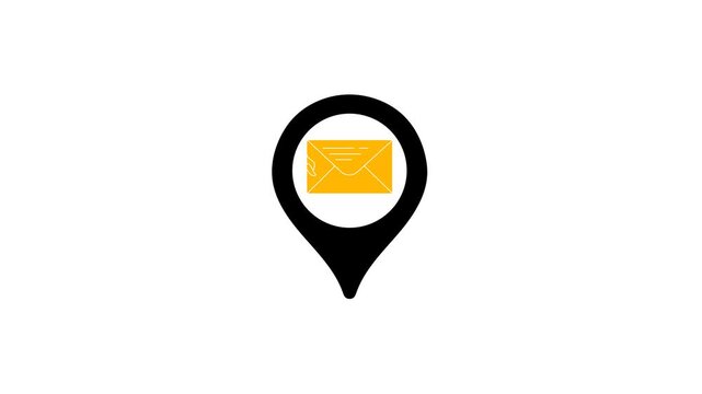 Animated black location pin icon featuring a yellow envelope symbol for post office maps mail delivery navigation and shipping site positioning on white background.
