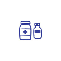 A simple blue illustration depicts two medicine bottles one large, one small