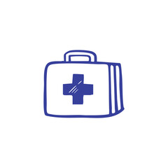 A blue, hand-drawn first aid kit, complete with a handle and cross emblem