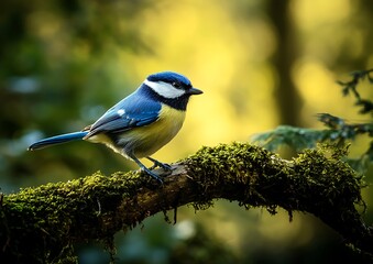 Small blue and white bird perched on moss covered branch in forest small bird on branch forest bird