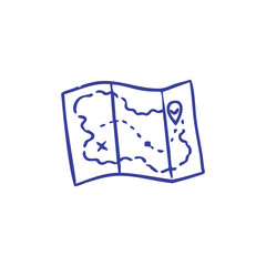 A hand-drawn blue map displays navigation markers and lines on a white background