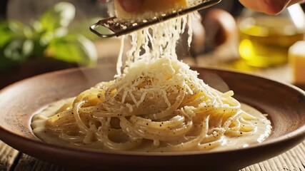 A closeup shot captures a chefs hand meticulously grating fresh Parmesan cheese over a steaming plate of perfectly cooked spaghetti enhancing the rich creamy pasta dish with a final touch of savory f. - Powered by Adobe