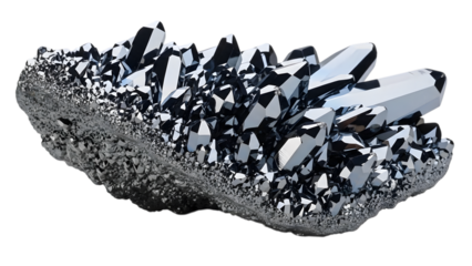 Large crystal cluster with shiny facets and rough base isolated on a transparent background