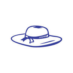 Simple blue line drawing of a sun hat with a ribbon on a white background