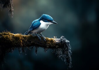 Small blue and white bird perched on a moss covered branch in a dim forest blue bird small bird