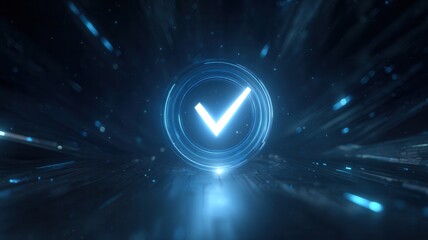 Check mark symbol glowing above futuristic platform, representing completion verification, success, digital