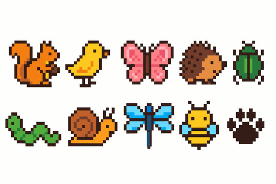 Cute pixel animal icon set. Retro, cartoon animals pixel art style collection