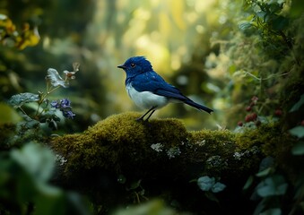 Small blue and white bird perched on mossy branch in lush green forest