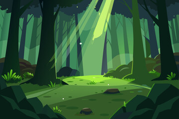 Magical green forest clearing with sunbeams illustration