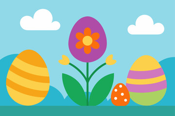 Colorful flat design easter eggs and spring flower scene