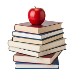 Books pile with red apple on top isolated on transparent background