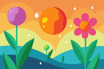 Vibrant flat design landscape with flowers and sunset sky