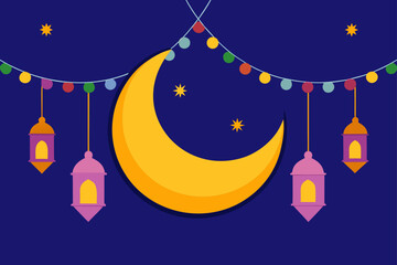 Festive crescent moon and lanterns illustration for ramadan