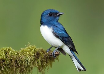 Ultramarine blue and white flycatcher perched on mossy branch in green forest background ultramarine blue bird