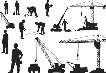 Construction Workers and Cranes Silhouettes on White Background Keywords: construction, worker, silhouette, man, people © Aman9