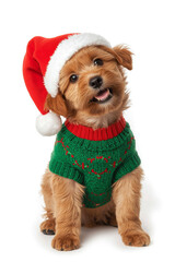 Adorable puppy wearing a Santa hat and Christmas sweater isolated on white background