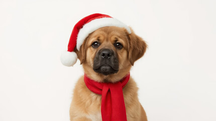 Obraz premium Close-up photo of a brown puppy wearing a Santa hat and red scarf with a white background