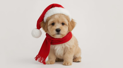 Festive puppy wearing santa hat and red scarf isolated on white background