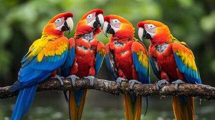 Naklejka premium Bright macaws on a branch demonstrate the beauty of nature, providing an excellent backdrop for materials on biodiversity and eco-tourism.