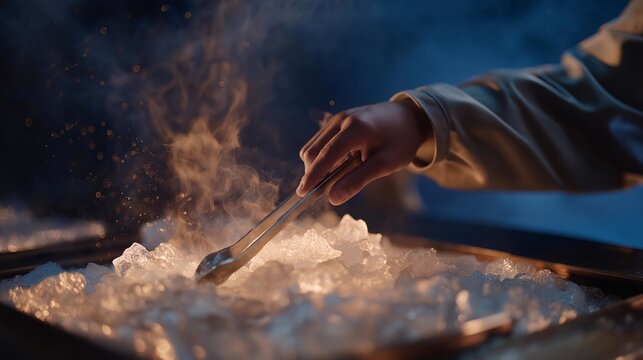 A scientist lowering a superconductor into liquid nitrogen as frost blooms across the metal tongs, the material suddenly levitating above a magnetic rail &mdash; quantum levitation demonstration,