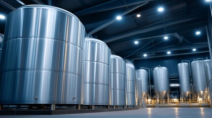 Fototapeta premium A row of stainless steel dairy fermentation tanks producing yogurt, workers monitoring viscosity and temperature via digital screens — industrial fermentation, high-volume food production, and
