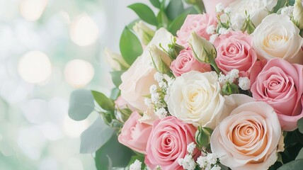 Delicate bouquet of pink and white roses symbolizing romance, fresh beauty, occasions and special celebration