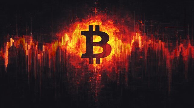 A burning bitcoin on a digital background symbolises financial risks and crises — suitable as a dramatic backdrop for articles on cryptocurrency volatility. - Powered by Adobe