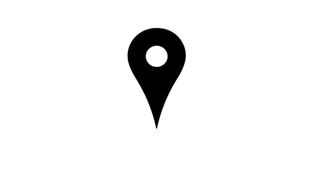 High quality 2D motion graphic of a black map marker pointer representing specific destinations geographical coordinates and points of interest for navigation apps.
