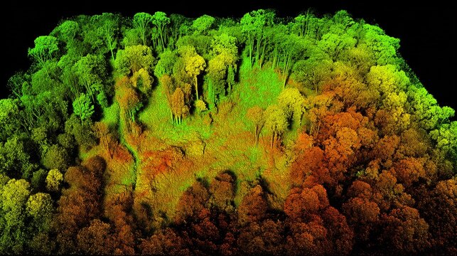 visualization of a forest canopy where a high-resolution LiDAR aerial scan reveals the ground elevation beneath the trees. The point cloud data is color-coded by elevation (green to brown). 