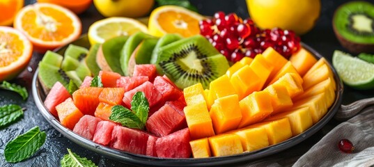 Vibrant close up of fresh tropical fruits on a white plate for a refreshing summer delight