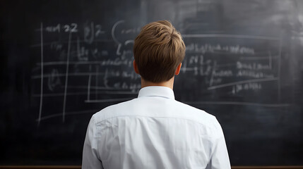 A person, facing a chalkboard covered in equations, appears to be contemplating complex problems. The individual, dressed in a white shirt, adds to the intellectual atmosphere.