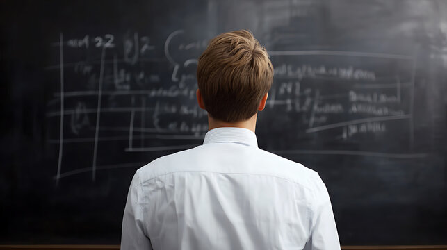 A person, facing a chalkboard covered in equations, appears to be contemplating complex problems. The individual, dressed in a white shirt, adds to the intellectual atmosphere.