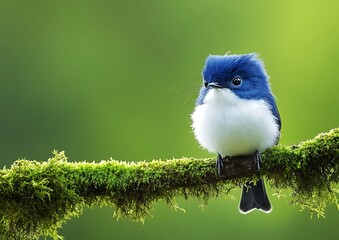 Small blue and white bird perched on moss covered branch with green blurred background