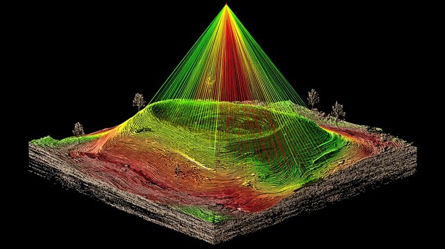 visualization of LiDAR pulses creating a 3D terrain map with elevation lines and point cloud data representation, copy space lidar, pulses, 3D, terrain, map, elevation, data, point, cloud, visualizati