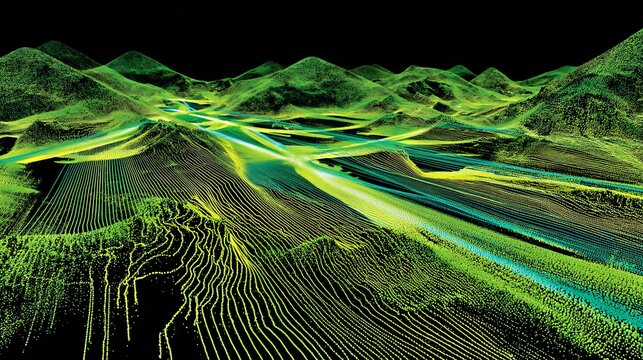visualization of LiDAR pulses creating a 3D terrain map with elevation lines and point cloud data representation, copy space lidar, pulses, 3D, terrain, map, elevation, data, point, cloud, visualizati